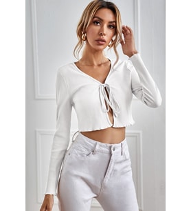 Kadın Beyaz Uzun Kollu Önden Bağlama Detaylı Crop Top Bluz