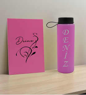 BK Gift Kişiye Özel İsimli Pembe Defter ve Cam Matara Hediye Seti-6, Sevgiliye Hediye, Arkadaşa Hediye, Yeni İş Hediyesi