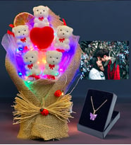 Kişiye Özel Fotoğraflı Hediye Seti, Led Işıklı Tasarım Buket ve Kelebek Kolye Seti (Model 2)