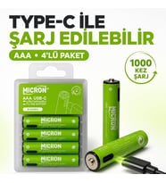 Şarj Edilebilir Lityum Pil 1.5V 1000 Döngü USB Type-C Girişli AAA İnce Kalem Pil 4'lü