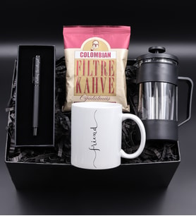 Kişiye Özel Siyah Mat Roller Kalem & French Press & Friend Kupa & Colombian Taze Filtre Kahve Hediye Seti