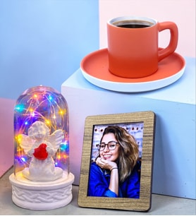 Beyaz Melekli Renkli Led Işıklı Fanus ve Kahve Fincanı Kişiye Özel Fotoğraflı Hediye