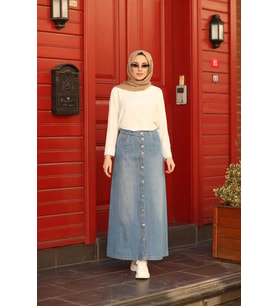 2079-Denim Düğmeli Etek Mavi