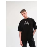 Unisex Bisiklet Yaka Baskılı Oversize T-Shirt - Siyah