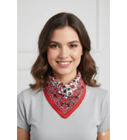 Kırmızı Etnik & Çiçek Desenli Saten Fular 48x48 cm – Vintage Kare Bandana