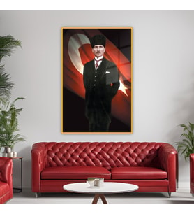 Metal Çerçeveli Temperli Cam Tablo Türk Bayrağı ve Atatürk (Gold)