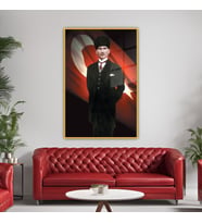 Metal Çerçeveli Temperli Cam Tablo Türk Bayrağı ve Atatürk (Gold)