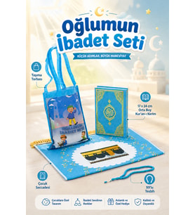 Çantalı Erkek Çocuk İbadet Seti Mavi Kabe Motifli İsimli Seccade Orta Boy Kuranı Kerim Tesbihli