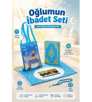 Çantalı Erkek Çocuk İbadet Seti Mavi Kabe Motifli İsimli Seccade Orta Boy Kuranı Kerim Tesbihli