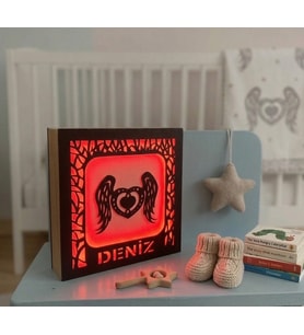Kişiye Özel Melek Kanadı ve Kalp Tasarımlı Işıklı Gece Lambası Kırmızı