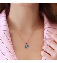 Mavi Zirkon Mini Kamelya Çiçeği Rose Gold Kaplama Gümüş Kolye