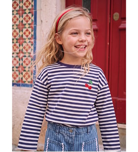 LCW Kids Lacivert Bisiklet Yaka Çizgili Nakışlı Kız Çocuk Tişört
