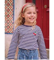 LCW Kids Lacivert Bisiklet Yaka Çizgili Nakışlı Kız Çocuk Tişört