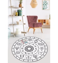 Burçlar Astroloji Harita Dijital Baskı Yıkanabilir Kaymaz Taban Yuvarlak Salon ve Hol Halısı (Beyaz)