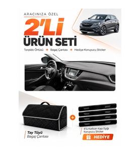 e-biz OPEL GRANDLAND X (2017-2020) Uyumlu Torpido Örtüsü + Tay Tüyü Çanta - Siyah-Gri - OP024