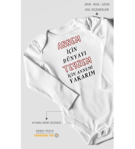 Annem İçin Dünyayı Teyzem İçin Annemi Yakarım Baskılı Bebek Zıbını  %100 Pamuk Uzun Kol