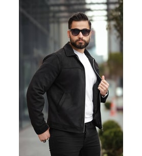 Basic Old Money Polo Yaka Astarlı Süet Ceket (Siyah)
