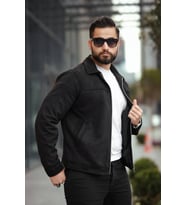 Basic Old Money Polo Yaka Astarlı Süet Ceket (Siyah)