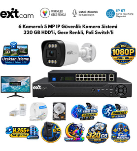 6 Kameralı Full HD IP Güvenlik Kamera Seti – 10 Kanal NVR, 320GB HDD, 1 Top CAT6, 8 Port PoE Switch ve 20" Full HD Monitör