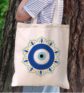 BK Gift Nazar Boncuğu Tasarımlı Kanvas Bez Çanta, Baskılı Omuz Çantası, Alışveriş Çantası, Plaj Çantası, Arkadaşa Hediye- (Model 1)