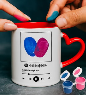 BK Gift Kişiye Özel Parmak İzi Spotify Şarkılı Kalpli Kupa Bardak & Boya Seti-1, Sevgiliye - Doğum Günü Hediyesi (Beyaz)