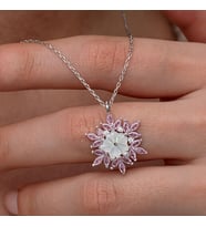 Pembe Zirkon Taşlı Lotus Çiçek 925 Ayar Gümüş Kadın Kolye