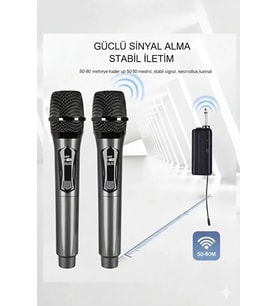 Profesyonel Çiftli Kablosuz Mikrofon Seti Karaoke Şarj Edilebilir 50 Metre
