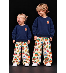 Meyve Desenli Fruit Lacivert Sweatshirt Meyve Baskılı Eşofman 3ip Kız&Erkek Çocuk 3ip Takım