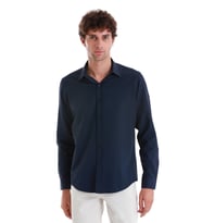 Lacivert Slim Fit Düz Slim Yaka Pamuklu Uzun Kollu Gömlek