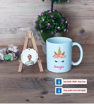 Unicorn Kupa Bardak Beyaz ve Fotoğraflı Ahşap Anahtarlık Hediye (Model 1)