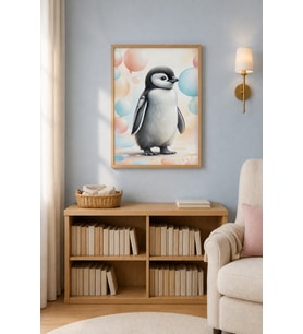 Balonlu Minik Penguen Ahşap Çerçeveli Duvar Tablosu