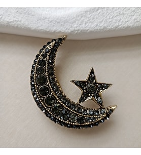 Özel Seri Siyah Zirkon Taşlı Ay Yıldız Broş (Altın)