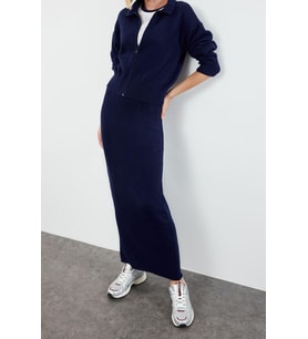 Tarz Kadın Modern Moda Normal Bel Boru Paça Polo Yaka Fermuarlı Yumuşak Dokulu Triko Alt-Üst Takım