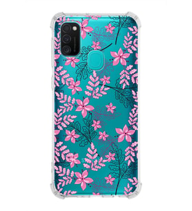 Samsung Galaxy M21  Köşe Korumalı Antişok Kapak Floral Pembe Tasarımlı Şeffaf  Kılıf