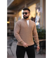 Kalın Örgü Fermuarlı Kazak (Koyu Krem)