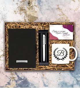 Kişiye Özel Harf Tasarım Kupa & Gümüş Renk Roller Kalem & Siyah Defter & Not Hediye Seti