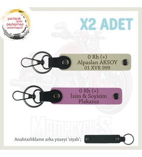 Motorcu Dostlara Özel, İsim Plaka ve 0 Rh (+) Kan Grubu Yazılı Deri x2 Anahtarlık, Pembe-S Kahve-Syh (Çok Renkli)