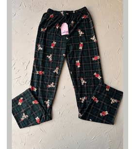 Lindros Kadife Zümrüt Yeşili Kare Desen Vintage Ayıcık Desenli %100 Pamuk Pijama Altı