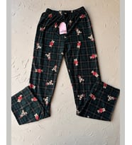 Lindros Kadife Zümrüt Yeşili Kare Desen Vintage Ayıcık Desenli %100 Pamuk Pijama Altı