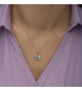 Opal Beyaz Taşlı Ay Güneş 925 Ayar Gümüş Kadın Kolye