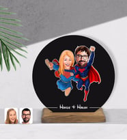 BK Gift Kişiye Özel Süper Sevgililer Karikatürlü Yuvarlak Ahşap Biblo-1