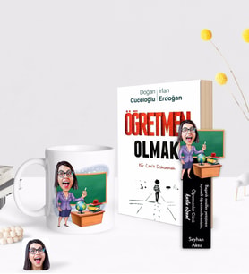 BK Gift Kişiye Özel Kadın Öğretmen Karikatürlü Beyaz Kupa Ahşap Kitap Ayracı ve Öğretmen Olmak Kitabı Hediye Seti-1