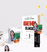 BK Gift Kişiye Özel Kadın Öğretmen Karikatürlü Beyaz Kupa Ahşap Kitap Ayracı ve Öğretmen Olmak Kitabı Hediye Seti-1