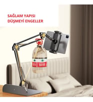 Ayarlanabilir Masaüstü Tablet ve Telefon Tutucu Esnek Uzun Kollu, Kıskaçlı Stand - Siyah