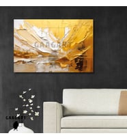 Tekli Yatay Kanvas Duvar Tablosu Soyut Krem Gold Yağlı Boya Deseni