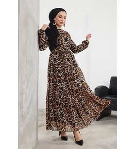 Neşeli butik kadın şifon kemerli tesettür elbise SMS027