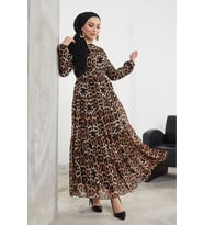 Neşeli butik kadın şifon kemerli tesettür elbise SMS027