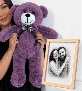 Size Özel Karakalem Fotoğraflı Çerçeve ve 50 cm Büyük Boy Mor Peluş Ayıcık Hediye Seti