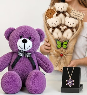 Kişiye Özel Krem Ayıcık Buketi, Gerçek Ametist Taşlı Lotus Kolye ve 50 cm Mor Peluş Ayıcık Hediye Seti