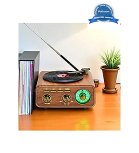 Nostaljik Tasarım Plak Çalar Görünümlü Radyolu Bluetooth Hoparlör Retro Müzik Plak Açık Kahverengi